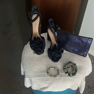 Navy Blue Nubick Upper Leather Flower Pom Detail Ankle Strap 3:39 Heel Height